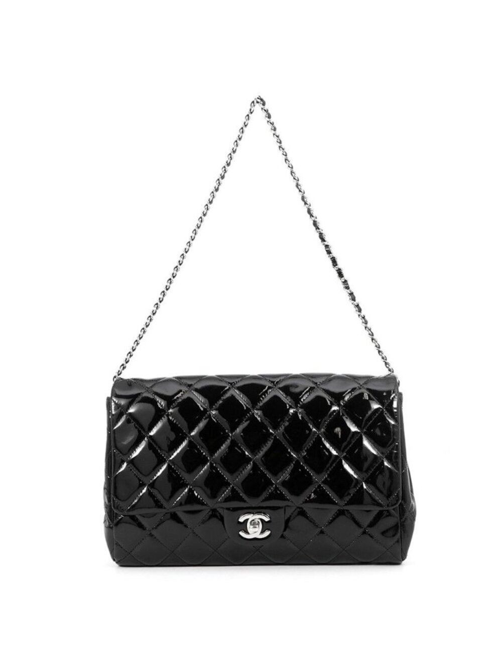 Chanel Chain Shoulder Bag Quilted CC Logo Patent Black